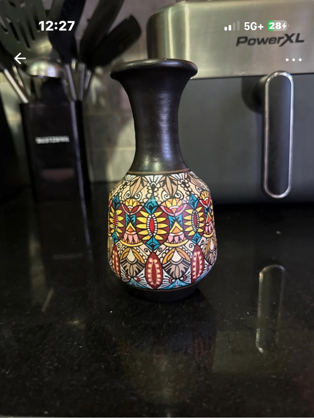Source Unknown Black-Neck Ceramic Vase with Multicolor Pattern